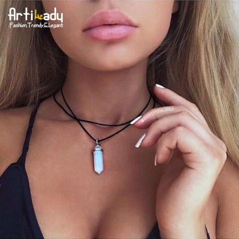 Artilady PU Leather Opal Choker Necklace – Women’s Fashion