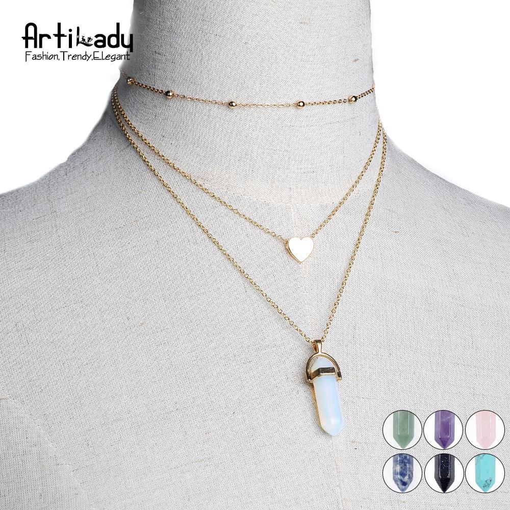 Artilady 3 layer opal pink stone necklace heart with multi stone