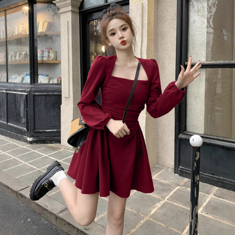 Style Square Neck Long Sleeve Dress for Plus Size Women, Vintage Waist-Cinching Slim Fit Tea-Length A-Line Mini Dress