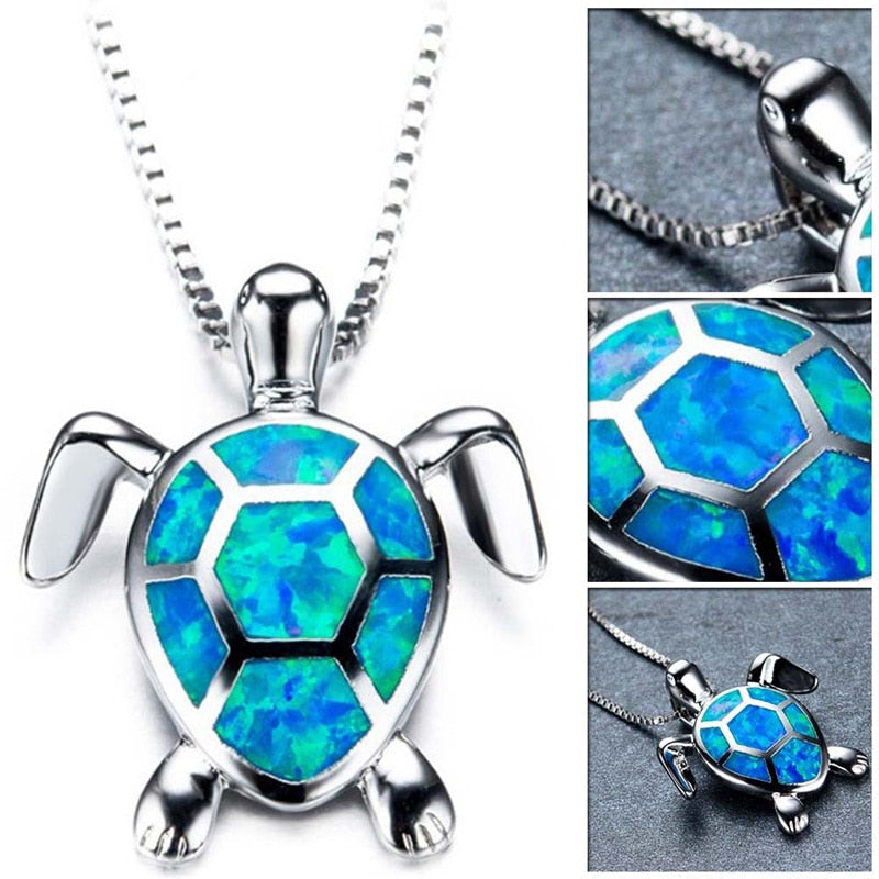 Silver Filled Blue Opal Sea Turtle Pendant Necklace Women Female Animal Wedding Ocean Beach Jewelry
