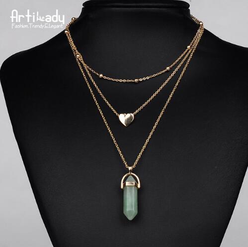 Artilady 3 layer opal pink stone necklace heart with multi stone