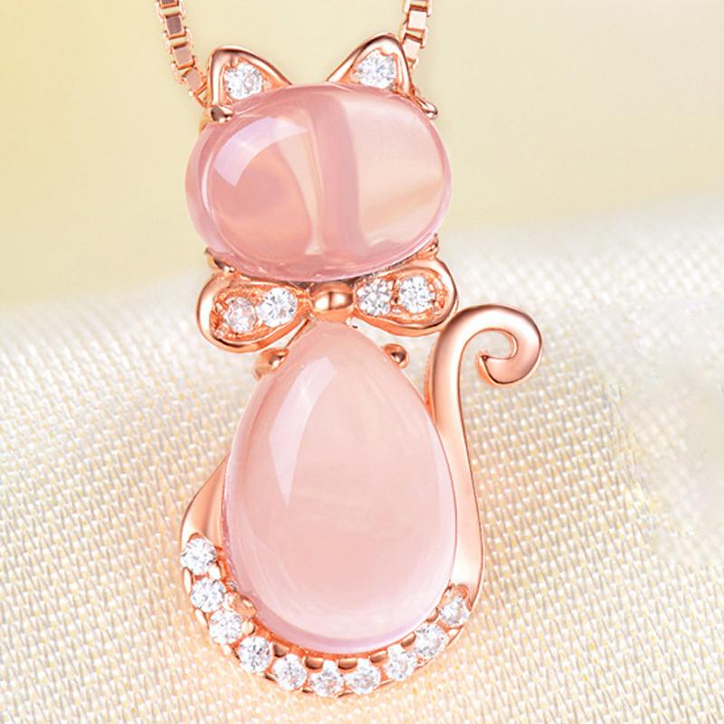 Cute Cat Ross Quartz Pink Opal Jewelry Necklace