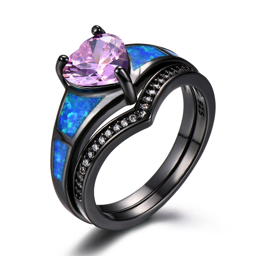 Heart Fire Opal Rings For Women Vintage Fashion Jewelry Engagement Black Gold Filled Rainbow Blue Birthstone Ring