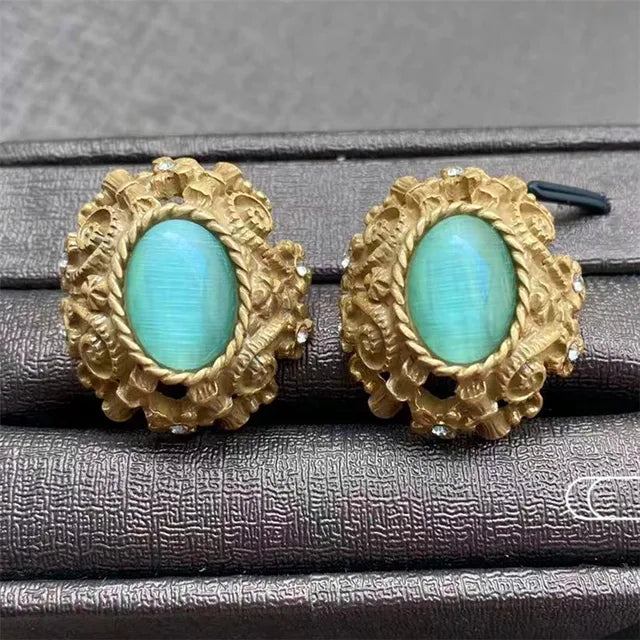 Vintage Metal Stud Earrings Natural Stone Opal Brass for Women Gold Color Jewelry New Elegant Travel Gift