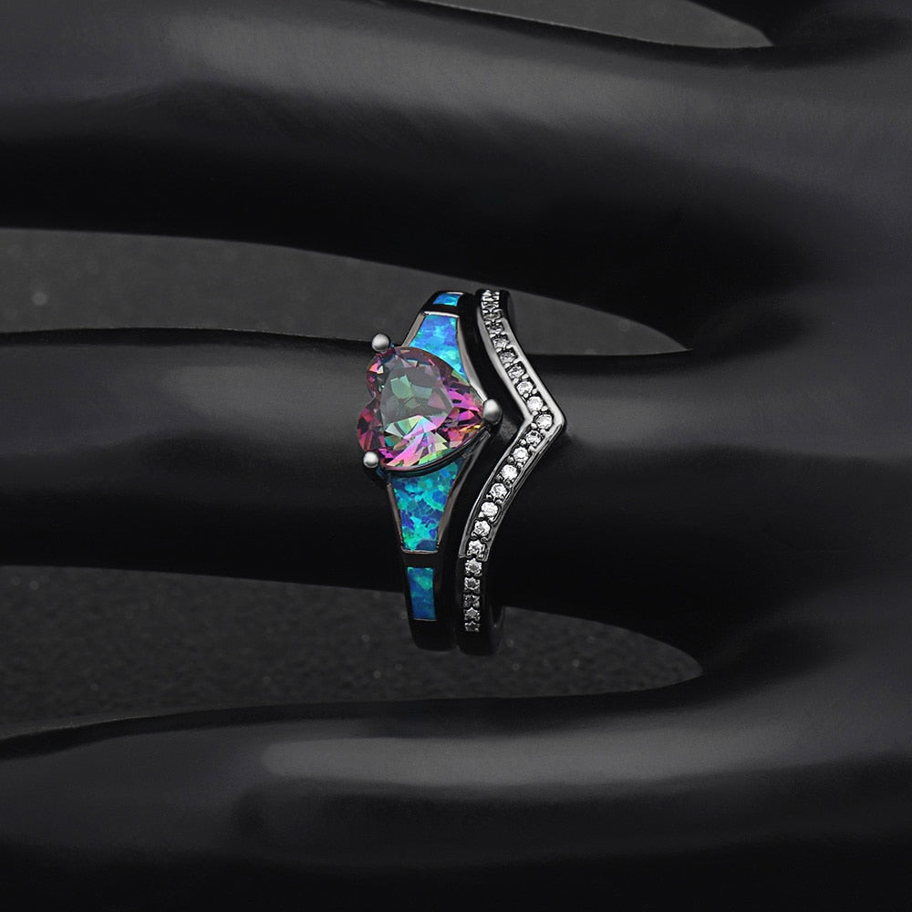 Heart Fire Opal Rings For Women Vintage Fashion Jewelry Engagement Black Gold Filled Rainbow Blue Birthstone Ring