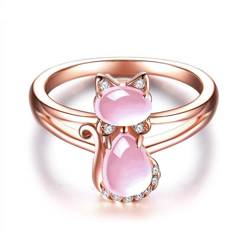 Cute Cat Animal CZ Ross Quartz Crystal Pink Opal Rings