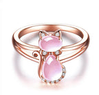 Cute Cat Animal CZ Ross Quartz Crystal Pink Opal Rings