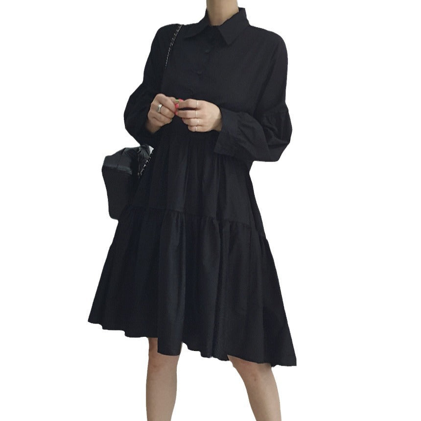 Autumn  Korean Design White Black Shirt Dress Female Korean Loose White Dress