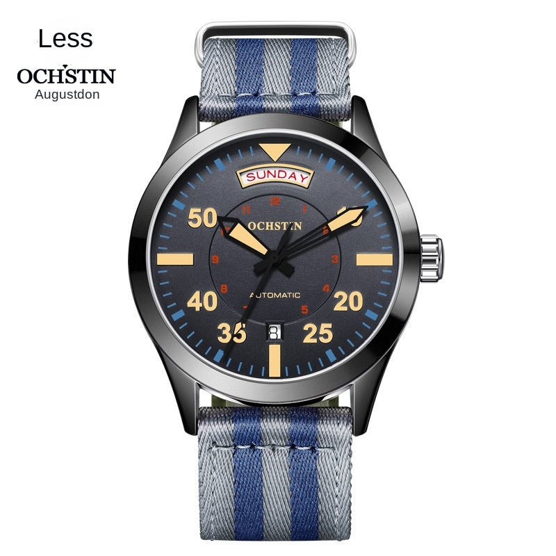Swiss Brand Master Series Automatic Mechanical Watch with Dual Date, Water-Resistant, Luminous Business Men's Watch with Nylon Strap