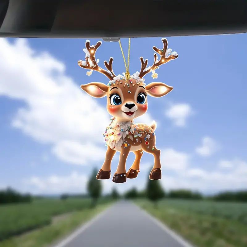 Christmas Reindeer Tree Decoration Acrylic Flat Car Rearview Mirror Hanging Ornament Home Decor Ready