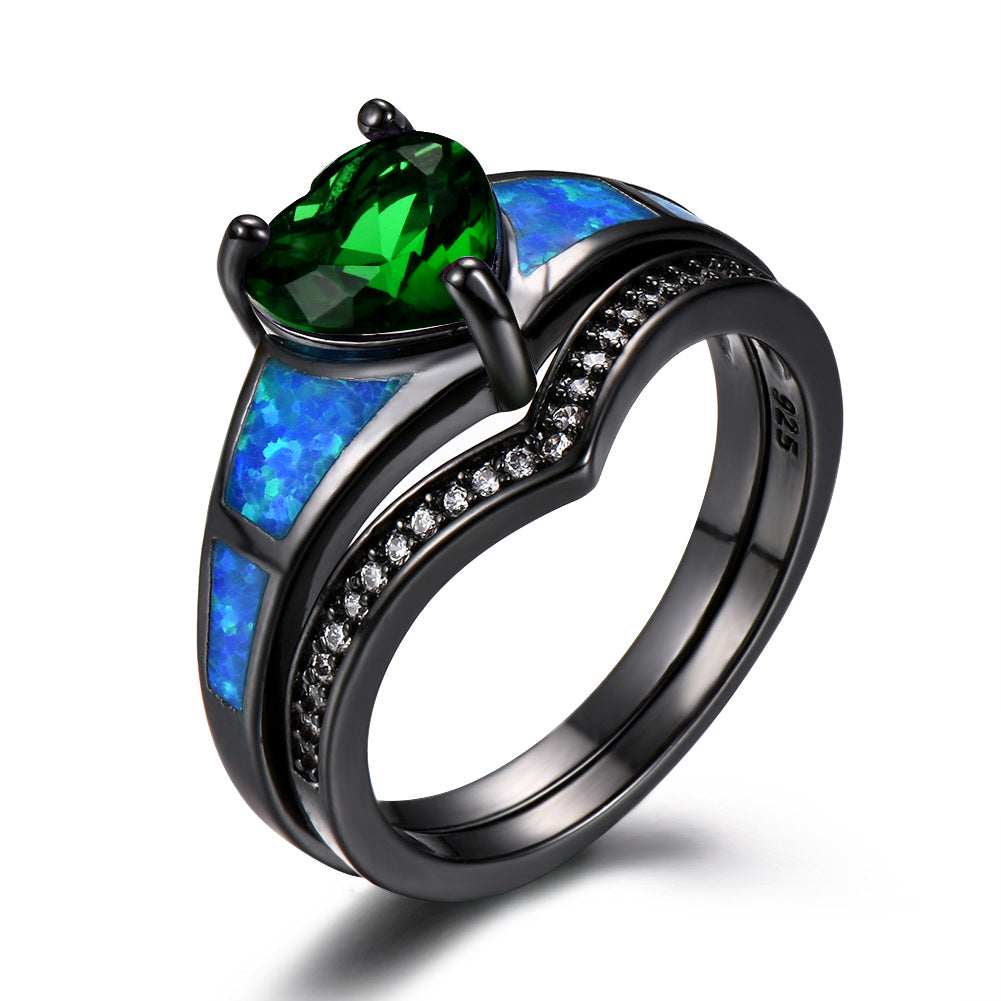Heart Fire Opal Rings For Women Vintage Fashion Jewelry Engagement Black Gold Filled Rainbow Blue Birthstone Ring