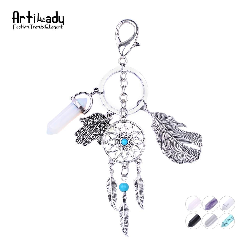 Artilady natural opal stone dreamcatcher keyring jewelry