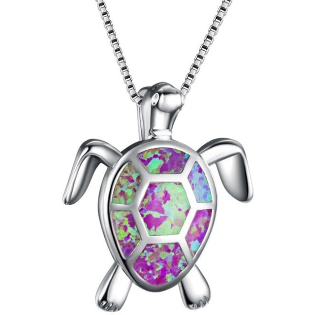 Silver Filled Blue Opal Sea Turtle Pendant Necklace Women Female Animal Wedding Ocean Beach Jewelry