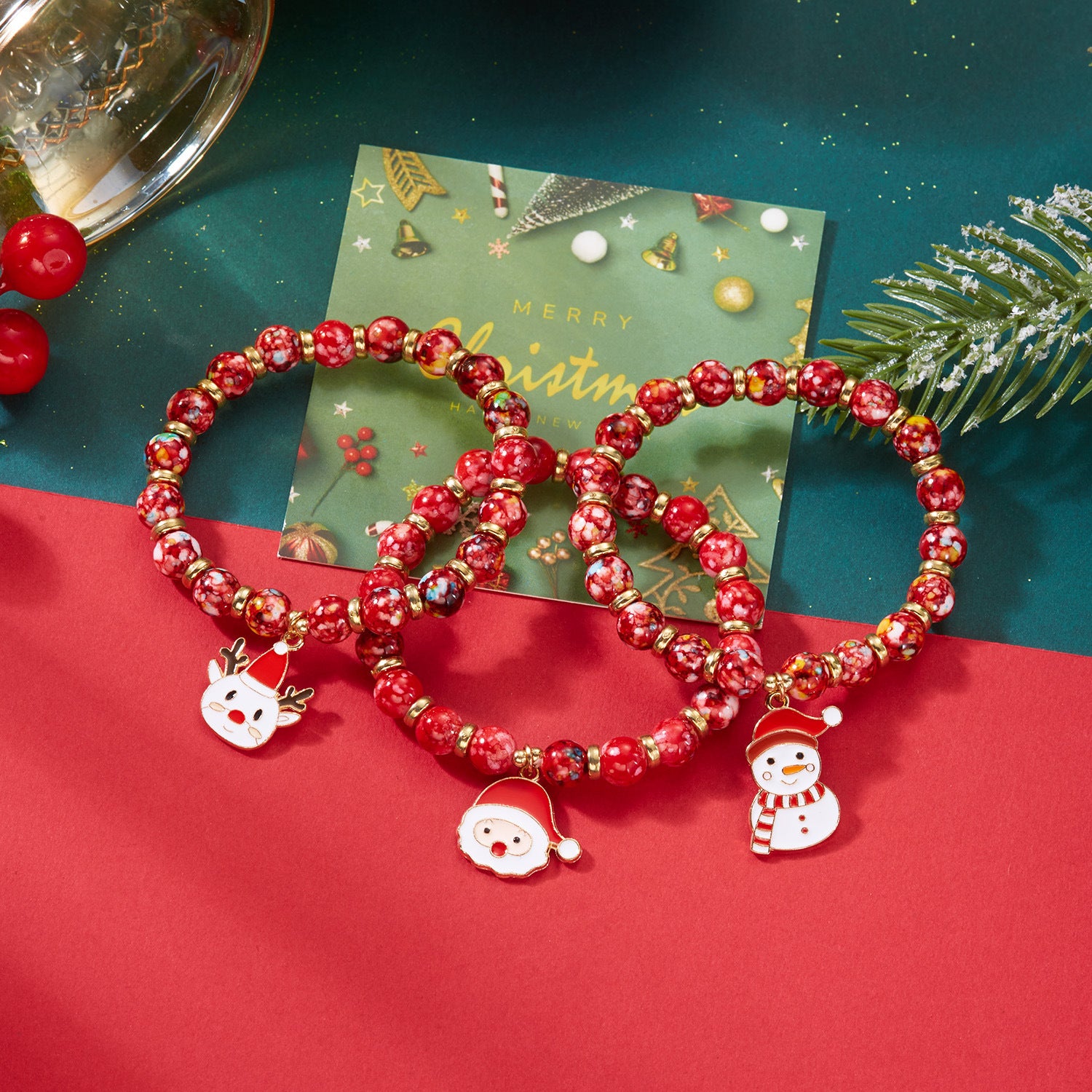 Creative Colorful Santa Claus Snowman Reindeer Beaded Stackable Bracelet Fashion Gift
