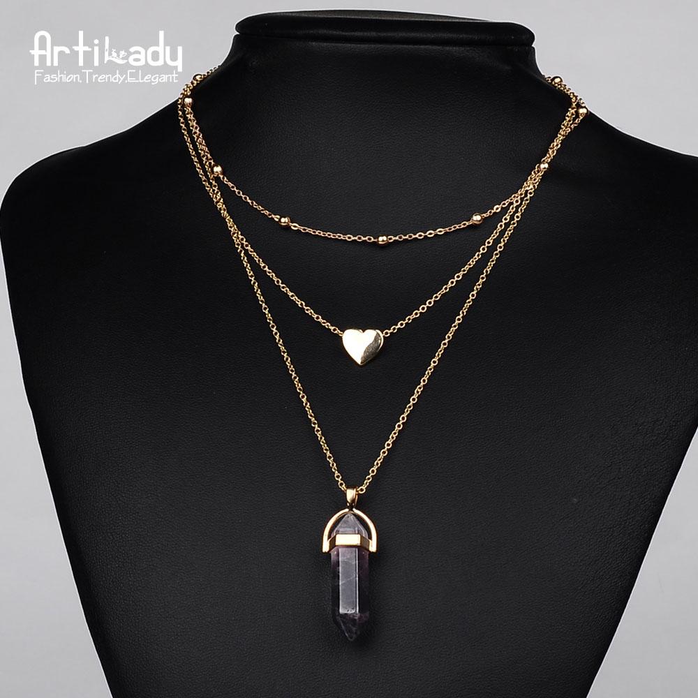 Artilady 3 layer opal pink stone necklace heart with multi stone