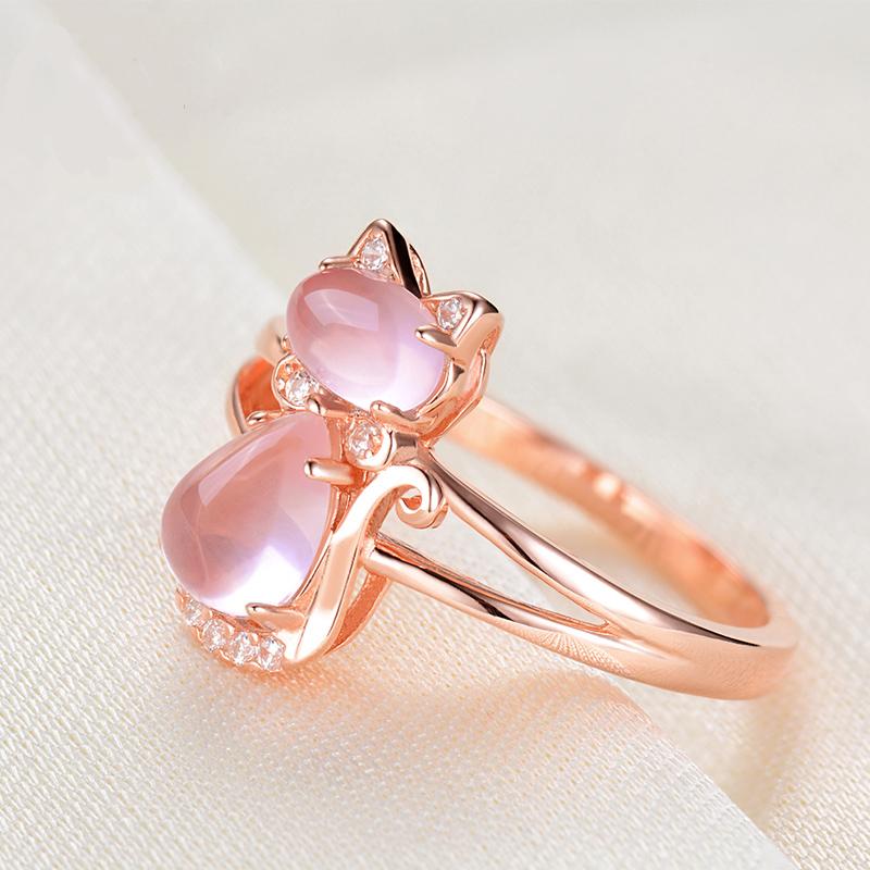 Cute Cat Animal CZ Ross Quartz Crystal Pink Opal Rings