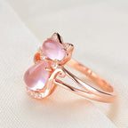 Cute Cat Animal CZ Ross Quartz Crystal Pink Opal Rings