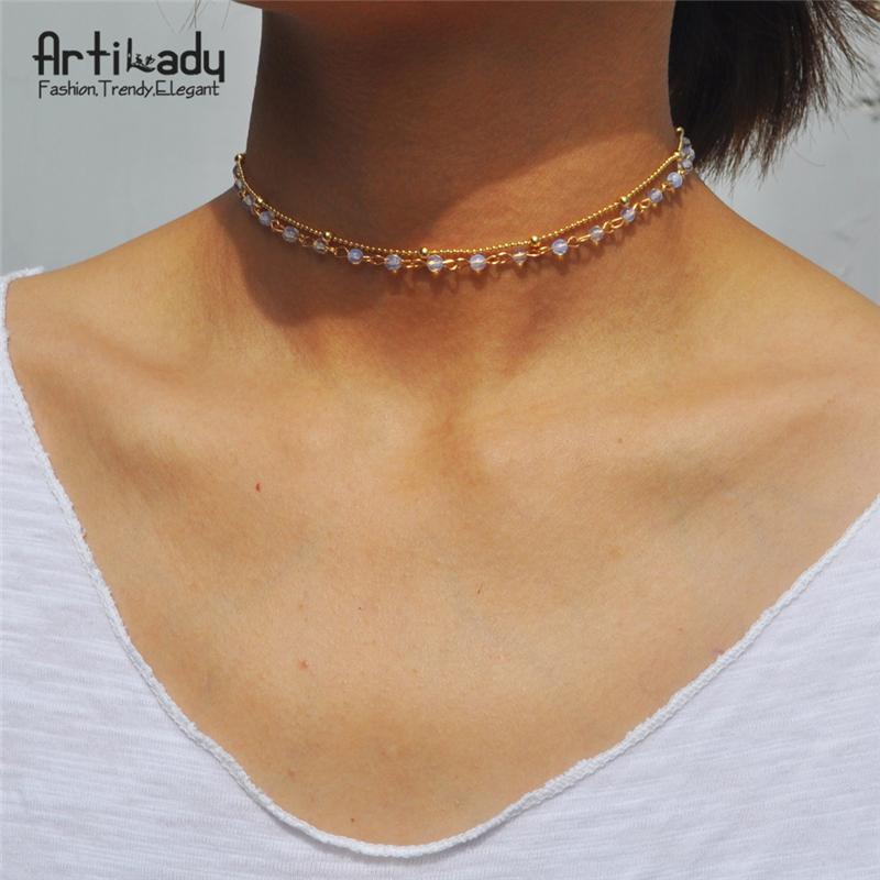 Artilady 2 layer choker necklace opal stone beads necklaces