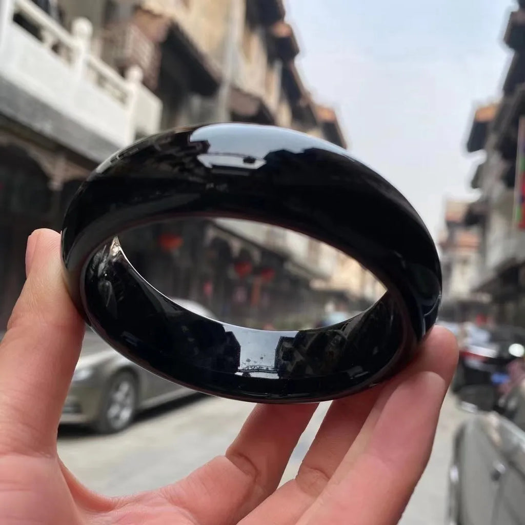 Women Real Jades Bangles Natural Black Chalcedony Certified Jades Stone Fine Jewelry Wide Bangle Bracelets Girlfriend Mom Gifts