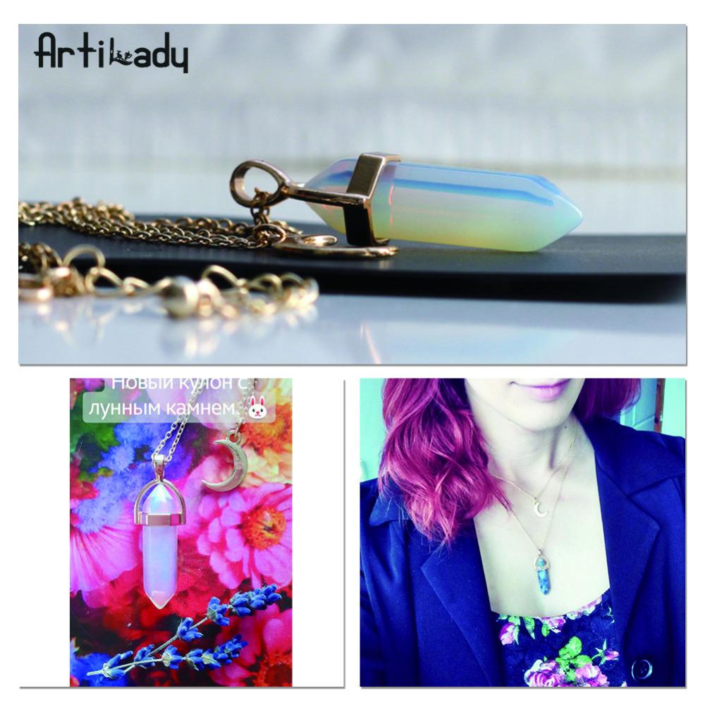 Artilady Natural Opal Moon Choker Necklace – Crystal Stone Pendant