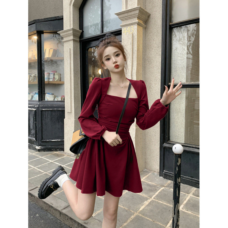 Style Square Neck Long Sleeve Dress for Plus Size Women, Vintage Waist-Cinching Slim Fit Tea-Length A-Line Mini Dress