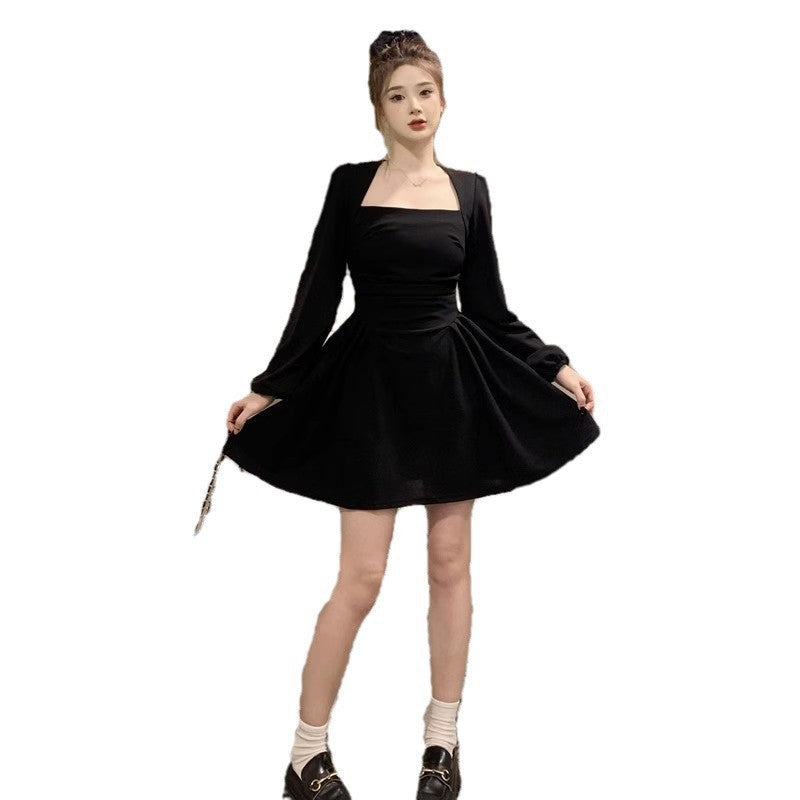 Style Square Neck Long Sleeve Dress for Plus Size Women, Vintage Waist-Cinching Slim Fit Tea-Length A-Line Mini Dress