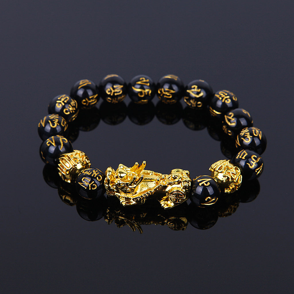 1pc Feng Shui 10-12mm Black Beads Alloy Wealth Bracelet Bangles With Golden Pixiu Charm bracelet  Gifts for Men Women