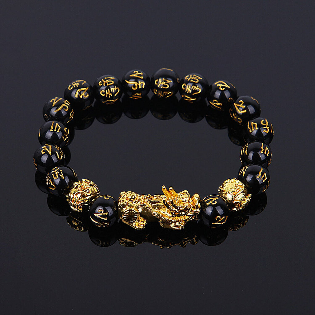 1pc Feng Shui 10-12mm Black Beads Alloy Wealth Bracelet Bangles With Golden Pixiu Charm bracelet  Gifts for Men Women