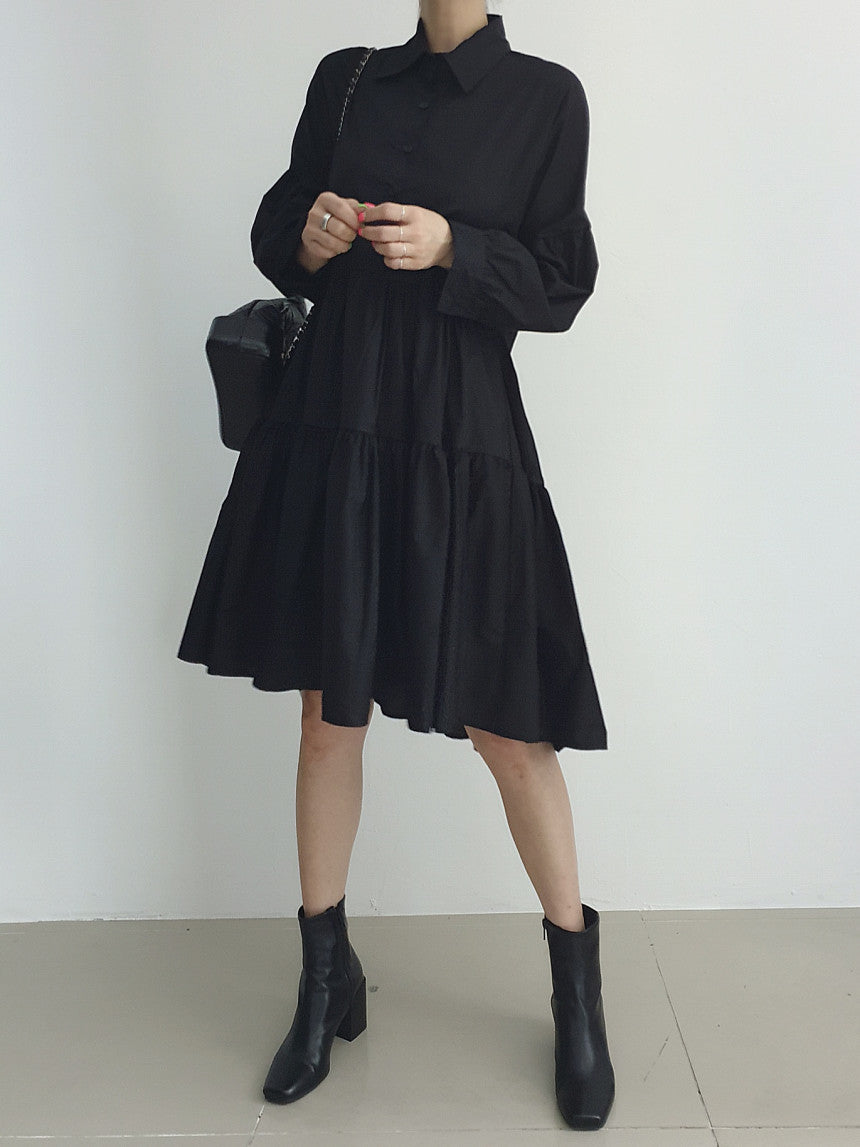 Autumn  Korean Design White Black Shirt Dress Female Korean Loose White Dress