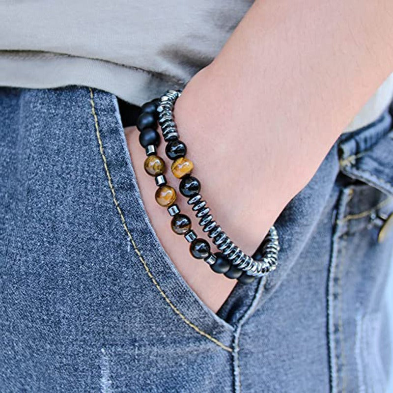 Tiger Eye Stone Frosted Stone Combination Beaded Bracelet 8mm Single Loop Elastic Black Gall Stone Health Care Bracelet