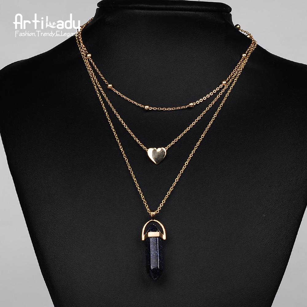 Artilady 3 layer opal pink stone necklace heart with multi stone