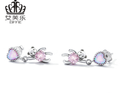 Avele Europe And America Hot Selling Silver Love Bear Earrings S925 Zircon Heart-Shaped Opal Animal Earrings