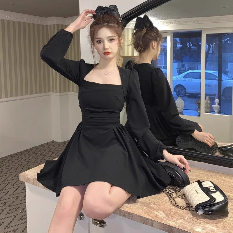 Style Square Neck Long Sleeve Dress for Plus Size Women, Vintage Waist-Cinching Slim Fit Tea-Length A-Line Mini Dress