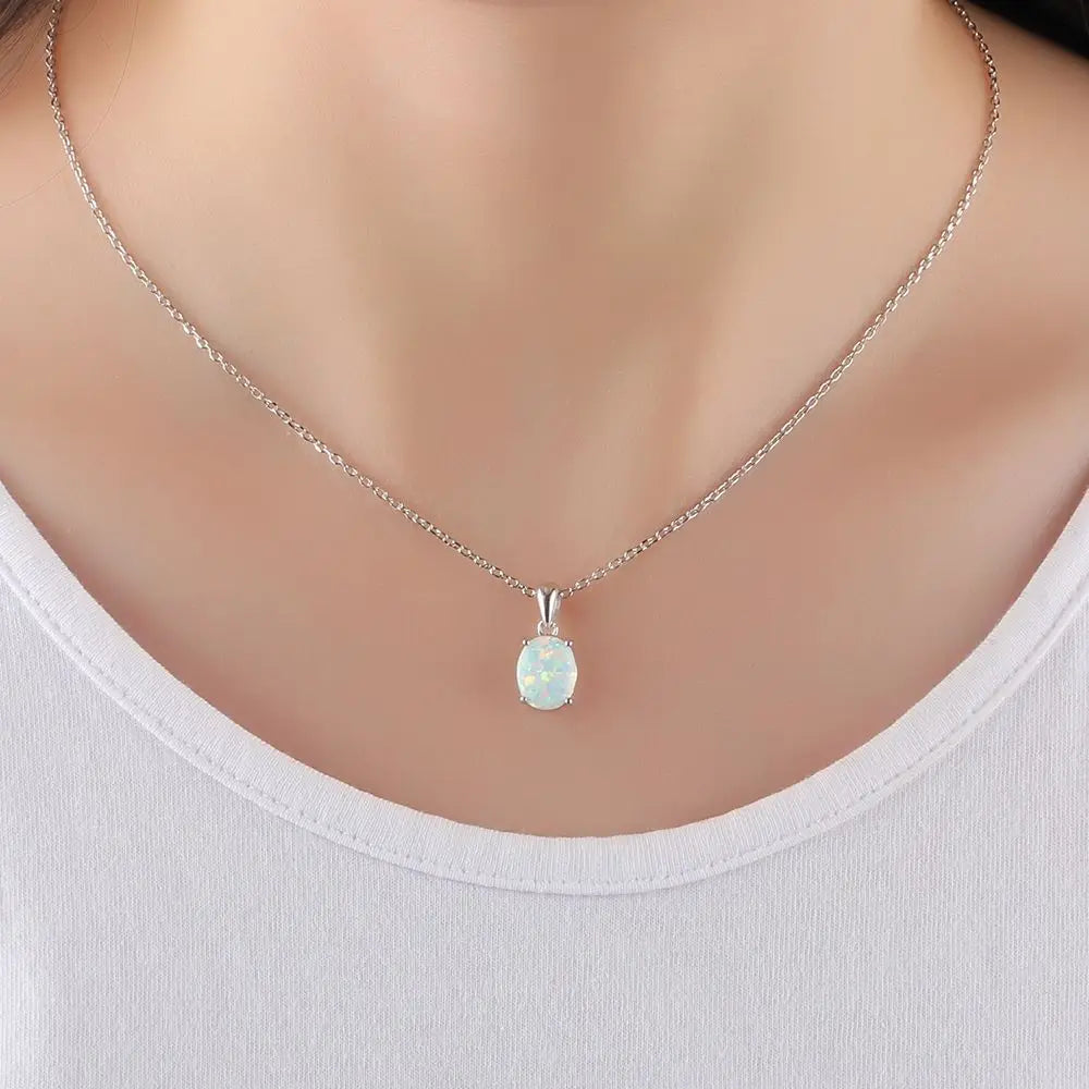 Women S925 Sterling Silver Pendant Necklaces Created Oval Opal Necklace Birthday Gifts for Wife